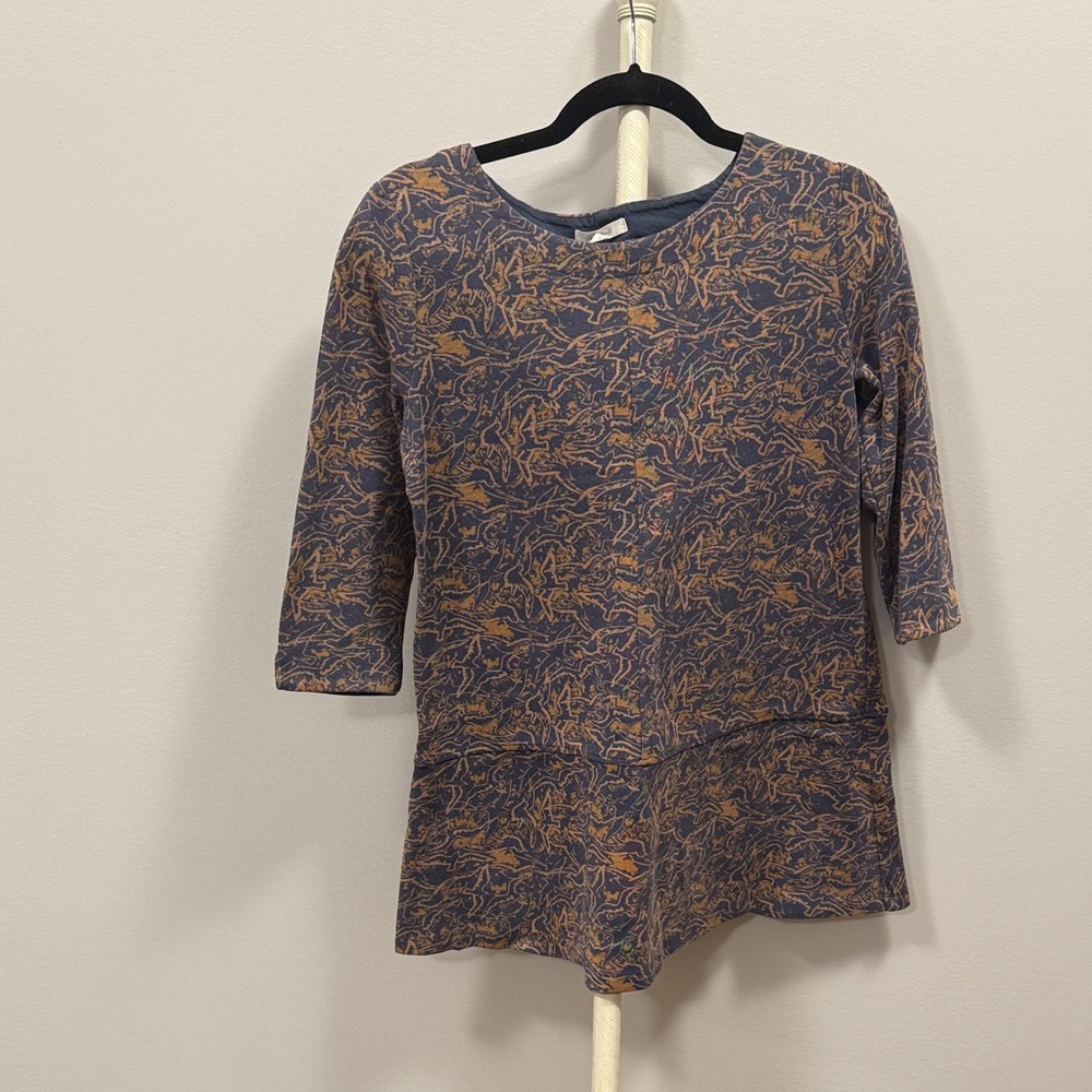 Long Sleeve Top - Blue and Brown Bird Pattern